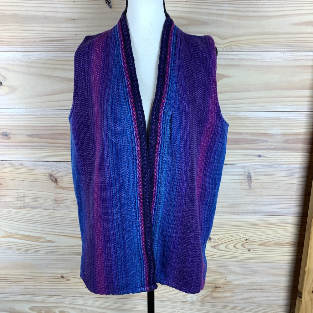 Green Tree Weaving Vest Womens M Purple Blue Woven Cotton Margaret Fischer Boho